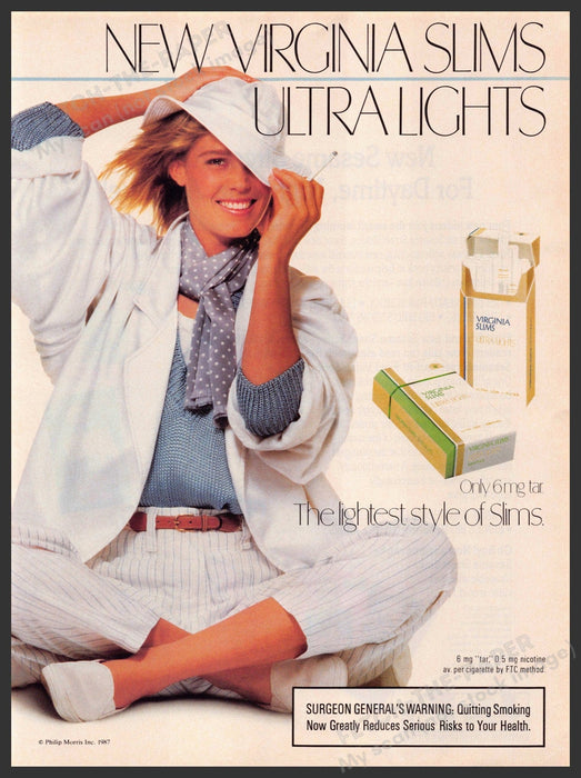 Virginia Slims 1980s Print Advertisement Ad 1987 Girl Cross Legged Sitting Hat Virginia Slims