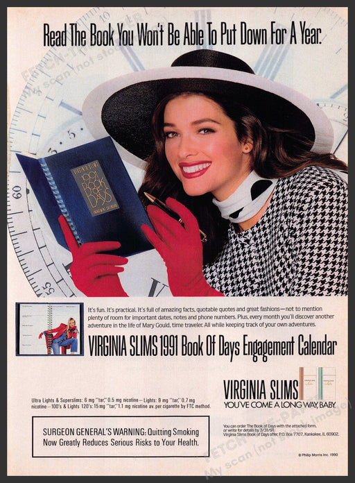 Virginia Slims 1990s Print Advertisement 1990 "Book of Days" Calendar Ad Virginia Slims