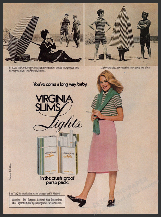 Virginia Slims Cigarettes 1980s Print Advertisement 1981 Smoking Beach Long Way Fetch-the-Paper