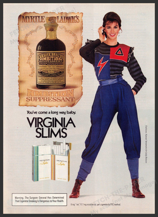 Virginia Slims Cigarettes 1980s Print Advertisement 1982 "Ambition suppressant" Fetch-the-Paper