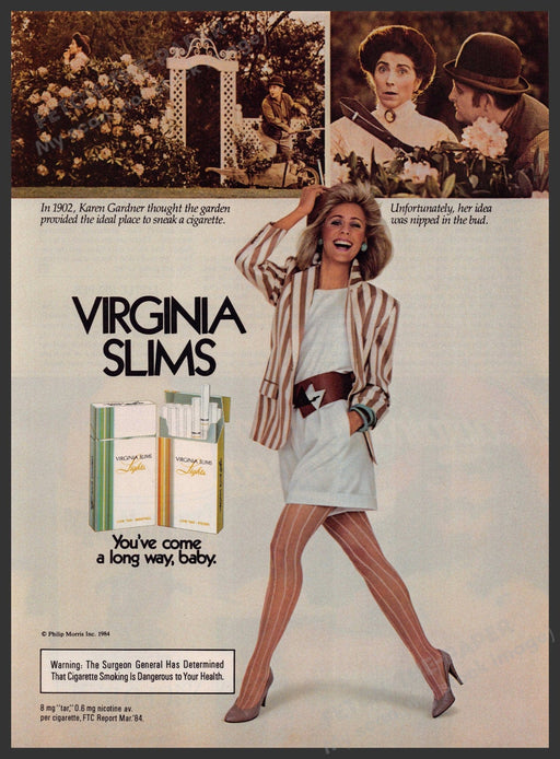 Virginia Slims Cigarettes 1980s Print Advertisement 1984 Legs Striped Pantyhose Fetch-the-Paper