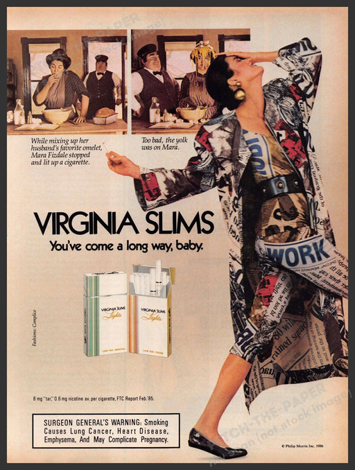 Virginia Slims Cigarettes 1980s Print Advertisement 1986 Wife Cooking an Omlet Fetch-the-Paper