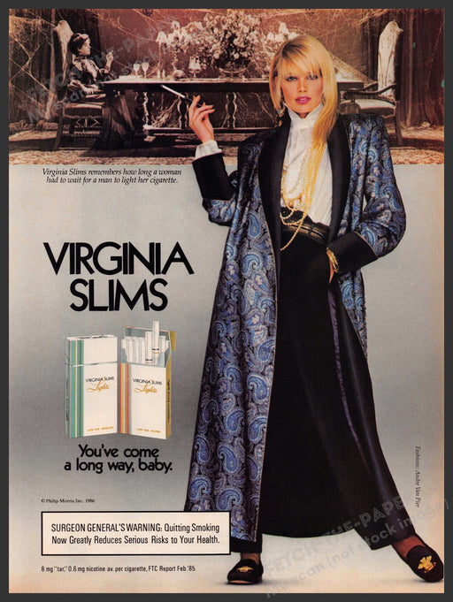 Virginia Slims Cigarettes 1980s Print Advertisement 1986 Woman Waiting to Light Fetch-the-Paper