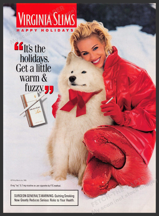 Virginia Slims Cigarettes 1990s Print Advertisement Ad 1995 Alaskan Malamute Dog Fetch the Paper!