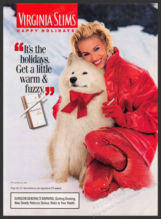Virginia Slims Cigarettes 1990s Print Advertisement Ad 1995 Alaskan Malamute Dog Fetch the Paper!