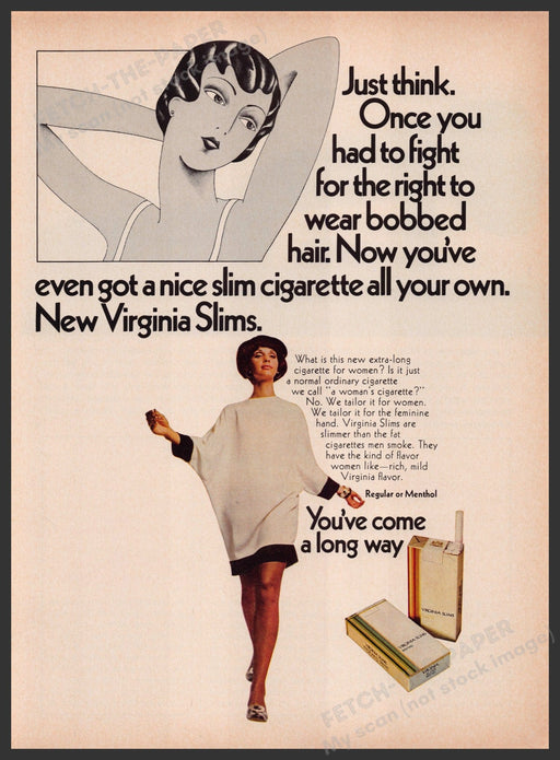 Virginia Slims Cigarettes Bobbed Hair 1960s Print Advertisement Ad 1969 Legs Fetch the Paper!