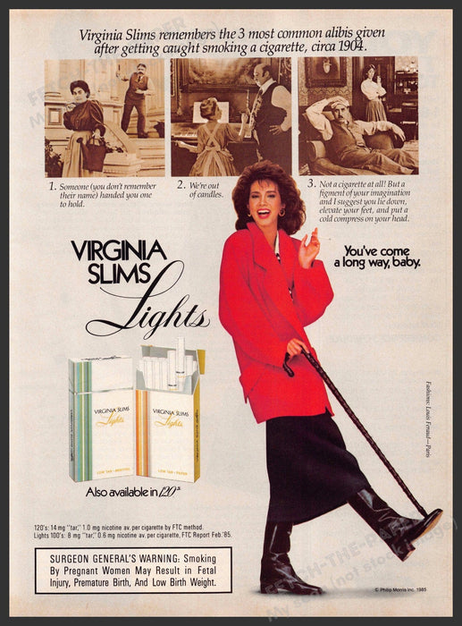 Virginia Slims Lights 1980s Print Advertisement 1986 Circa 1904 Alibis Given Fetch-the-Paper