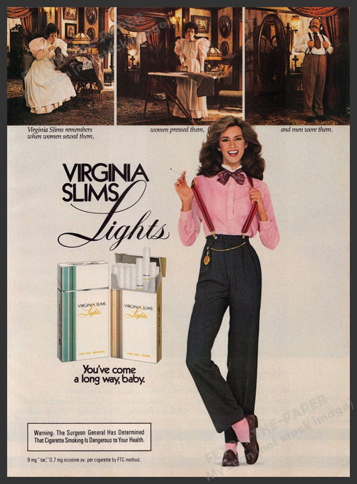 Virginia Slims Lights Cigarettes 1980s Print Advertisement 1983 Sewing Long Legs Fetch-the-Paper