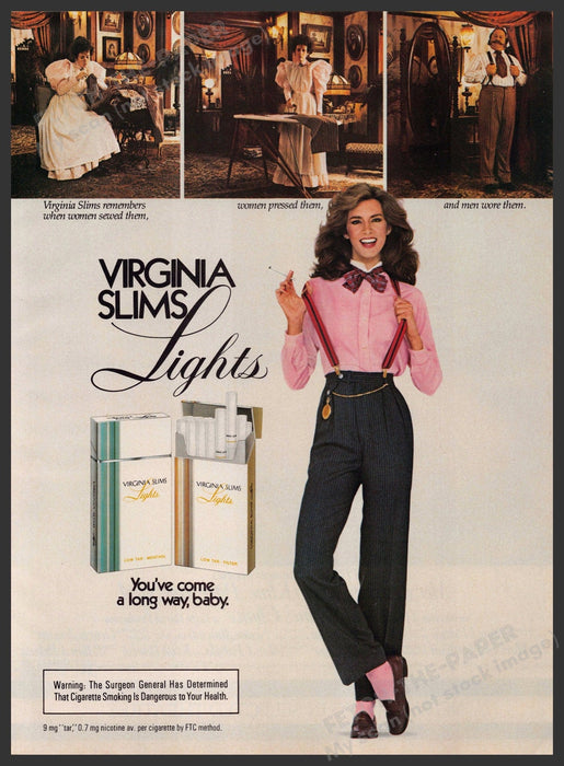 Virginia Slims Lights Cigarettes 1980s Print Advertisement 1983 Sewing Long Legs Fetch-the-Paper