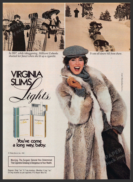 Virginia Slims Lights Cigarettes 1980s Print Advertisement 1984 Tobogganing Fetch-the-Paper