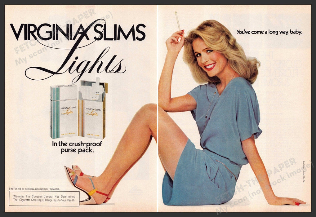 Virginia Slims Lights Cigarettes 1980s Print Advertisement (2 pages) 1981 Legs Fetch-the-Paper