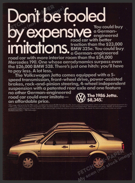 Volkswagen Jetta 1980s Print Advertisement 1986 "Don't be fooled by imitations" Fetch-the-Paper