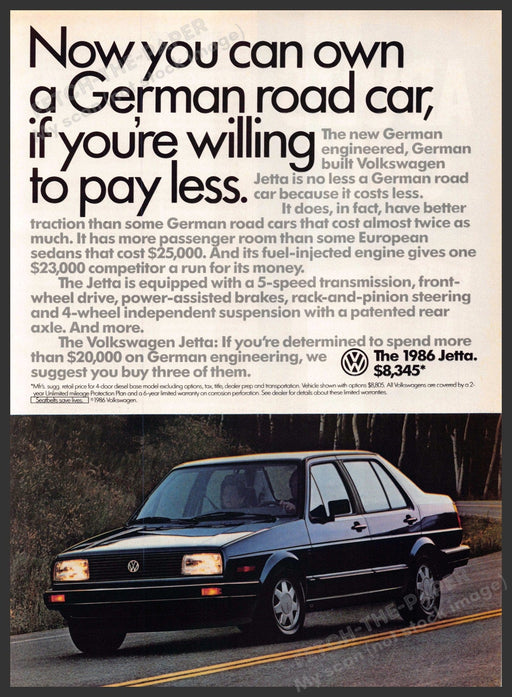 Volkswagen Jetta 1980s Print Advertisement 1986 "you can own a German road car" Volkswagen