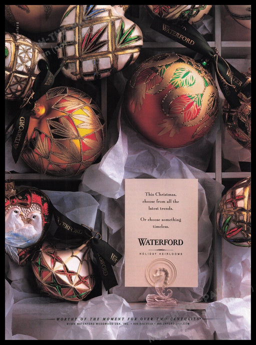 Waterford Holiday Heirlooms 1990s Print Advertisement Ad 1999 Christmas Bulbs Fetch the Paper!