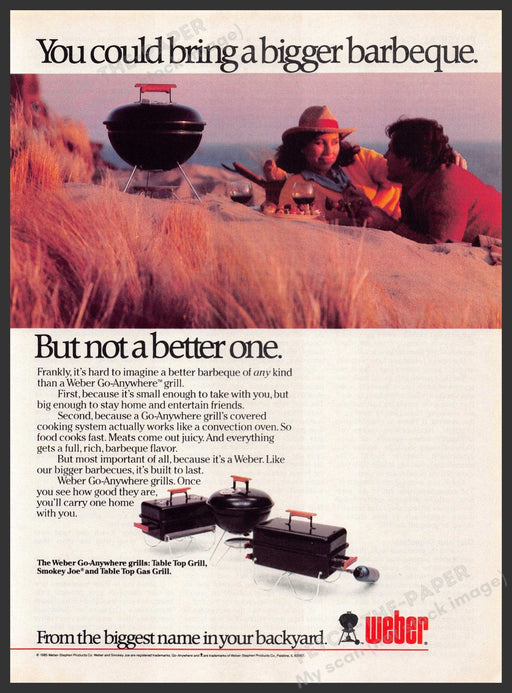 Weber 1980s Magazine Print Advertisement 1985 Go-Anywhere Grill Beach Weber