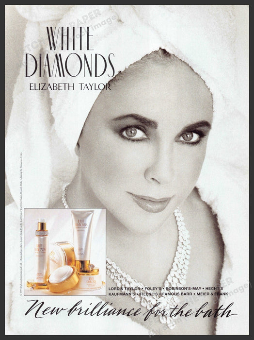 White Diamonds Elizabeth Taylor 1990s Print Advertisement 1993 New Brilliance Fetch-the-Paper