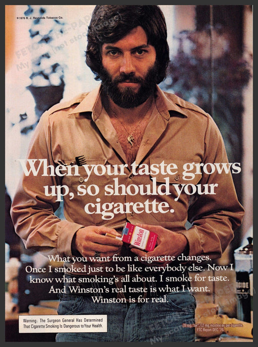 Winston 1970s Magazine Print Advertisement 1977 Beard Grown up Taste Winston