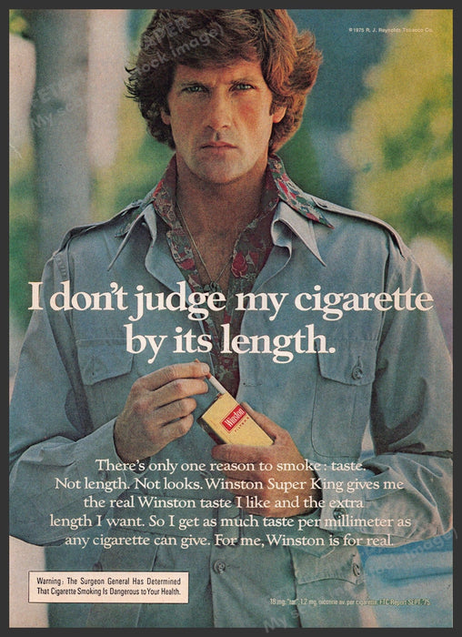 Winston Cigarettes 1970s Print Ad 1976 "I don't judge my cigarette by length" Fetch-the-Paper