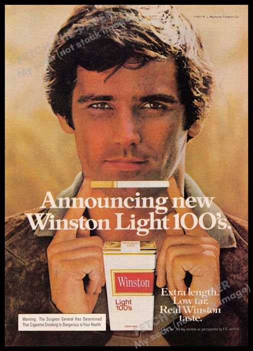 Winston Light 100's 1970s Print Advertisement 1977 Length Brunette Male Model Winston Light 100's