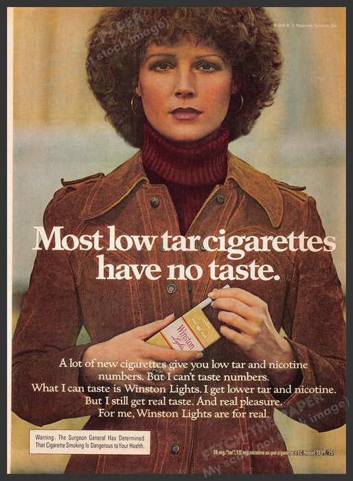 Winston Lights Cigarettes 1970s Print Advertisement 1976 Woman with Short Perm Fetch-the-Paper