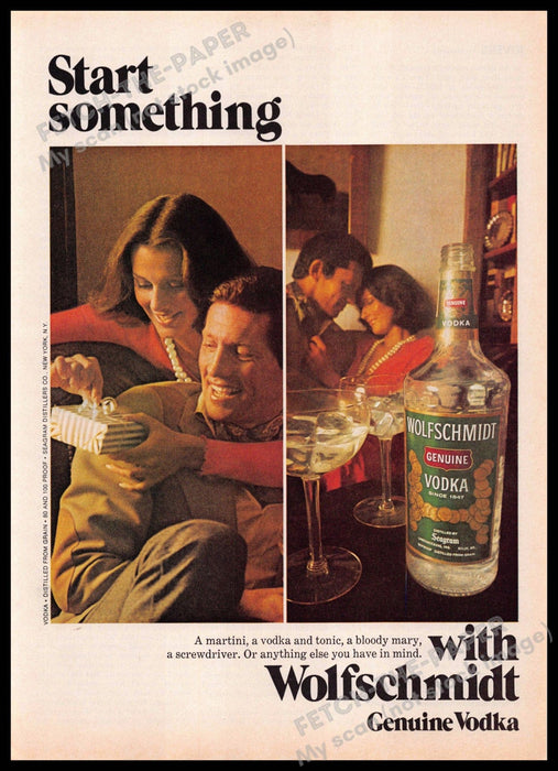 Wolfschmidt 1970s Print Advertisement 1977 "Start something" Couple Celebrating Wolfschmidt