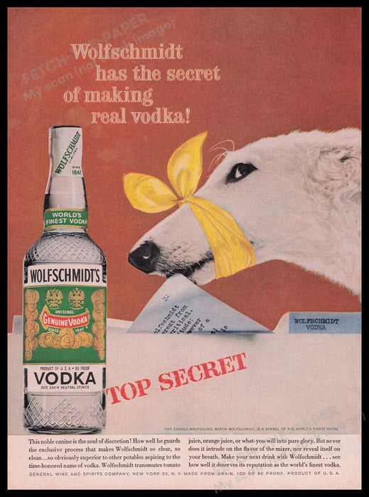 Wolfschmidt's Vodka Borzoi Russian Wolfhound 1950s Print Advertisement Ad 1959 Fetch the Paper!