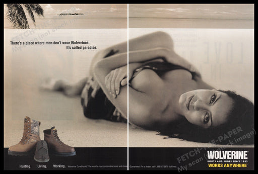 Wolverine Boots 1990s Print Advertisement (2 pgs) 1999 Paradise Sexy Model Fetch the Paper!