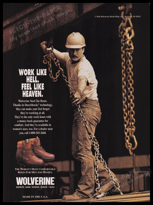 Wolverine Boots 1990s Print Advertisement Ad 1997 "Work like hell. Feel Heaven" Fetch the Paper!