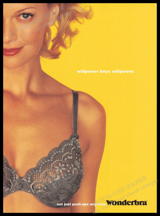 Wonderbra Lingerie 1990s Print Advertisement Ad 1999 Gray Lacy Blonde Fetch the Paper!