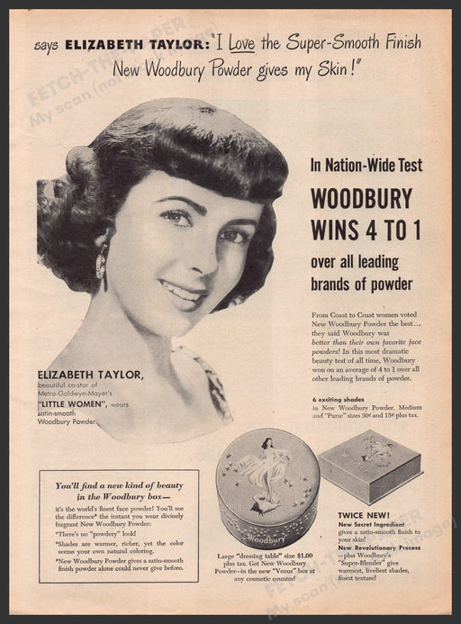 Woodbury Body Powder Elizabeth Taylor 1940s Print Advertisement Ad 1948 Fetch-the-Paper