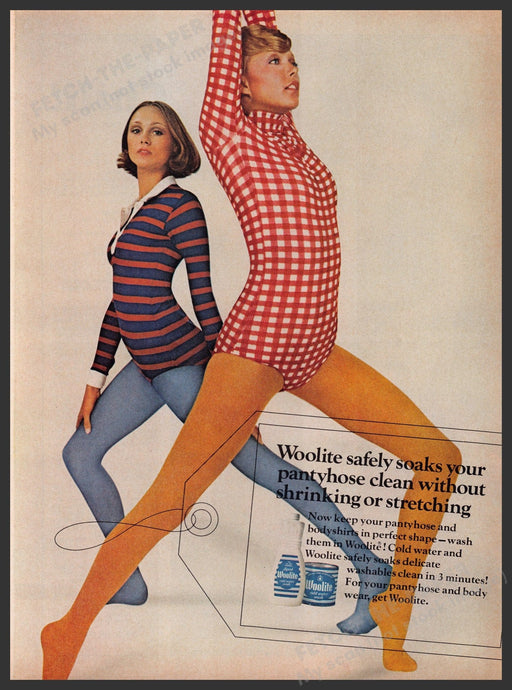 Woolite Detergent Pantyhose 1970s Print Advertisement Ad 1973 Blue Orange Legs Fetch the Paper!