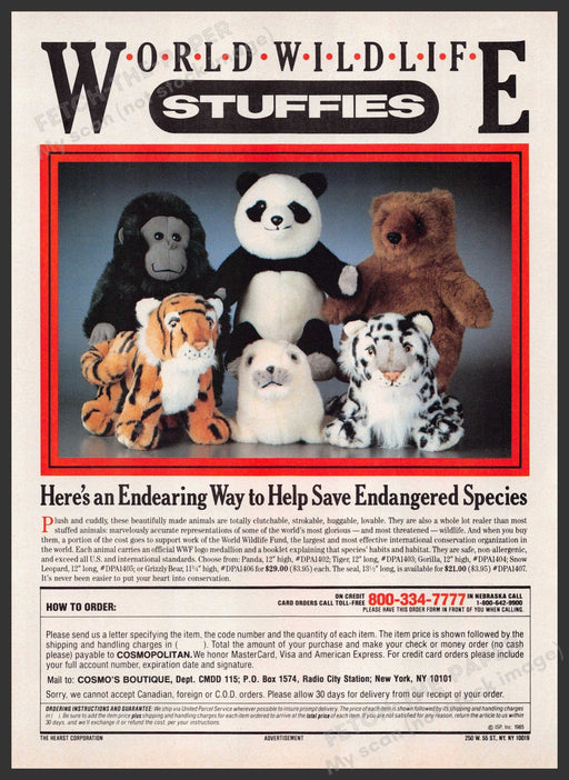 World Wildlife Stuffies 1980s Print Advertisement 1985 Endangered Animals World Wildlife Stuffies