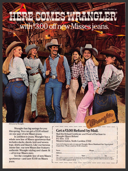 Wrangler Misses Jeans 1980s Print Advertisement 1981 Barn Dancing Friends Wrangler