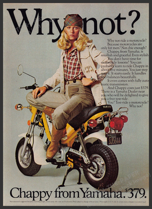 Yamaha Chappy Motorcycle 1970s Print Advertisement 1976 Woman Riding Hand Hips Fetch-the-Paper