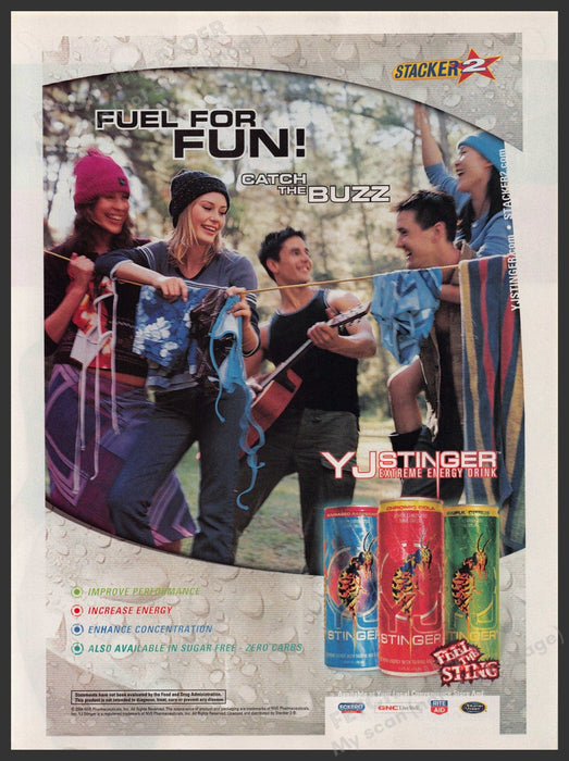 YJ Stinger Energy Drink 2000s Print Advertisement 2004 "Catch the buzz" Friends Fetch-the-Paper