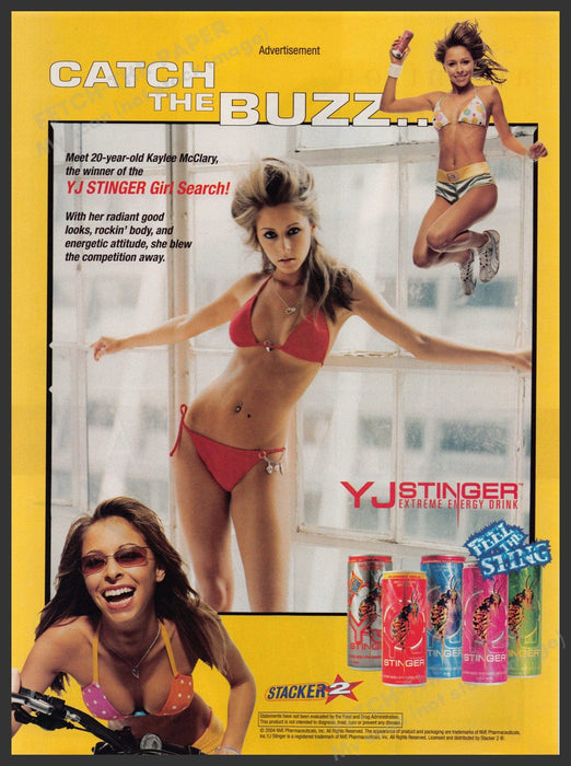 YJ Stinger Energy Drink 2000s Print Advertisement 2004 Girl Search Fetch-the-Paper