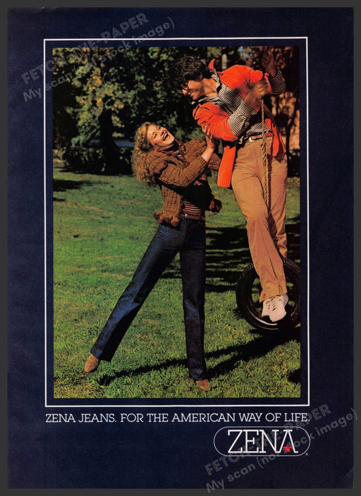 Zena Jeans 1980s Print Advertisement 1982 Couple Tire Swing Fetch-the-Paper