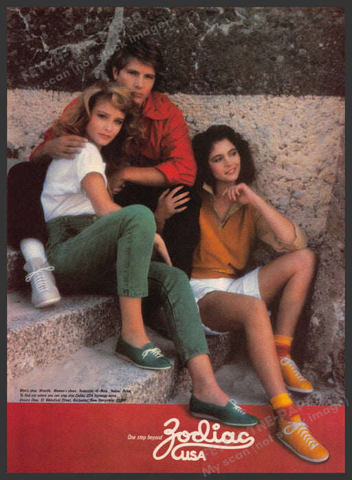 Zodiac Shoes 1980s Print Advertisement 1983 Legs Girls Couple Sitting on Stairs Fetch-the-Paper