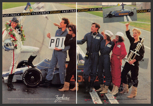 Zodiac Shoes 1980s Print Advertisement (2pg centerfold) 1984 Fast Track Racecar Fetch-the-Paper