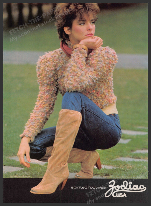 Zodiac USA 1980s Print Advertisement 1982 Spirited Footwear Girl Squatting Boots Fetch-the-Paper