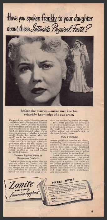 Zonite Feminie Hygiene Product 1940s Print Advertisement Ad 1949 Daughter Talk Fetch-the-Paper