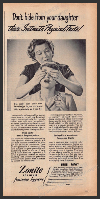 Zonite Feminine Hygiene 1940s Print Advertisement Ad 1948 Don't Hide Facts Fetch-the-Paper