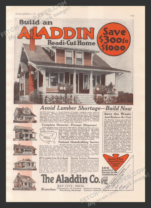 1920 Print Advertisement Aladdin Readi-cut Home Lumber Shortage Household Ad.