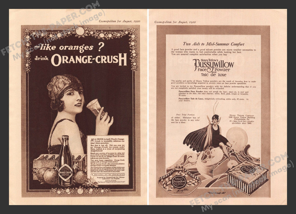 1920 Print Advertisements Front / Back Orange-Crush Soda & Pussywillow Ad.