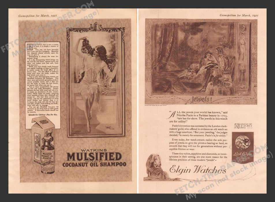 1921 Print Advertisements Watkins Mulsified Coconut Shampoo & Elgin Watches Ad.