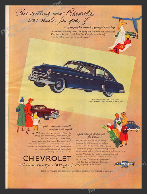 1949 Print Advertisement Chevrolet Fleetline De Luxe 4-door Sedan Car Ad.