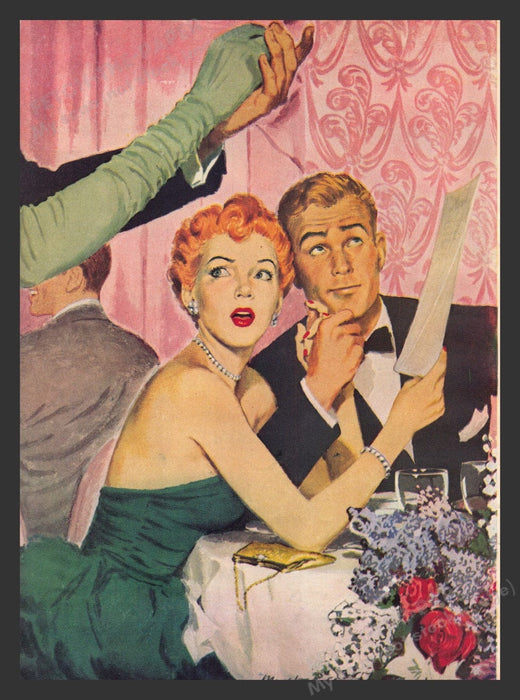 1948 Couple at Dinner Jealous or Shocked Wife Magazine Illustration
