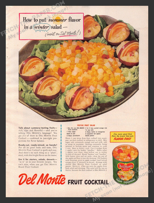 1949 Print Advertisement Del Monte Fruit Cocktail Festive Fruit Salad Recipe Ad.