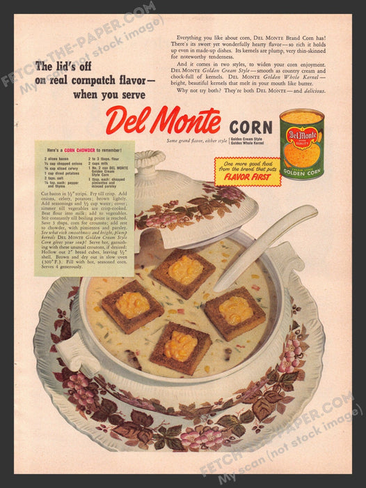 1949 Print Advertisement Del Monte Golden Corn Chowder Recipe Ad.