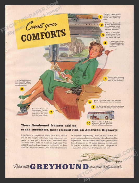 1949 Print Advertisement Greyhound SuperCoach Bus Interior Ad.